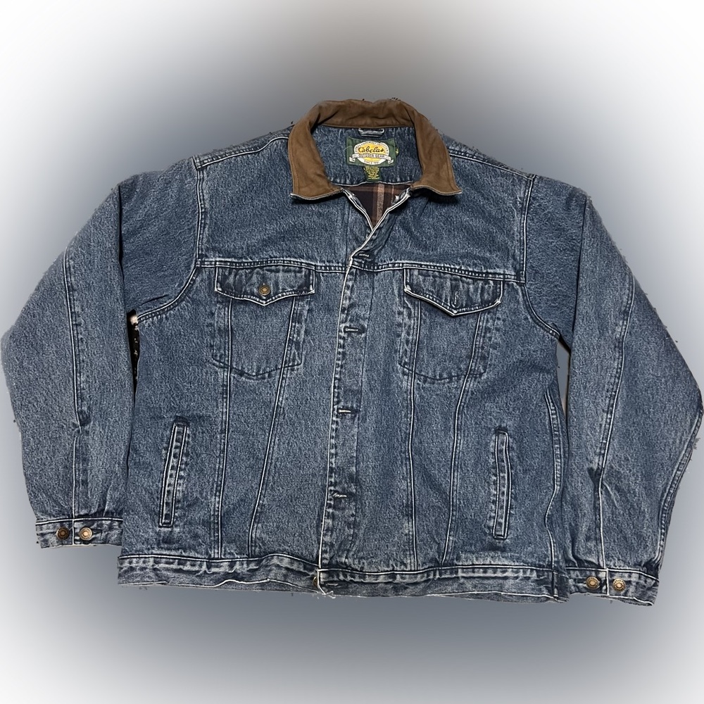 Vtg 90s CABELA'S LEATHER COLLAR DENIM HUNTING COAT JACKET XL Tall. A5032023